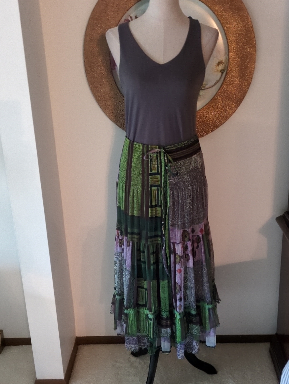 Boho Tiered Patchwork Maxi Skirt in Gre⅘en and Purple